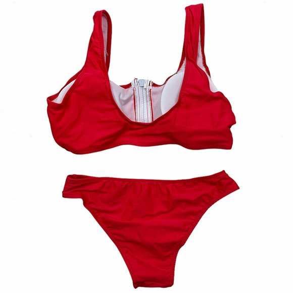 Red & White Scoop Neck Zip-Front Crop Top Bikini - Picture 8 of 15